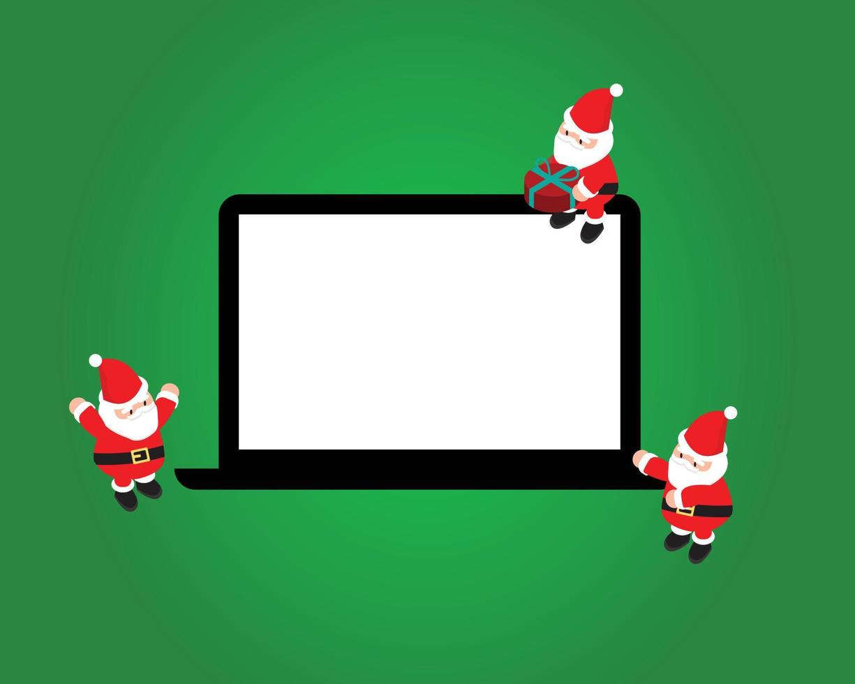 plantilla de banner de navidad con santa con pantalla de computadora portátil vector