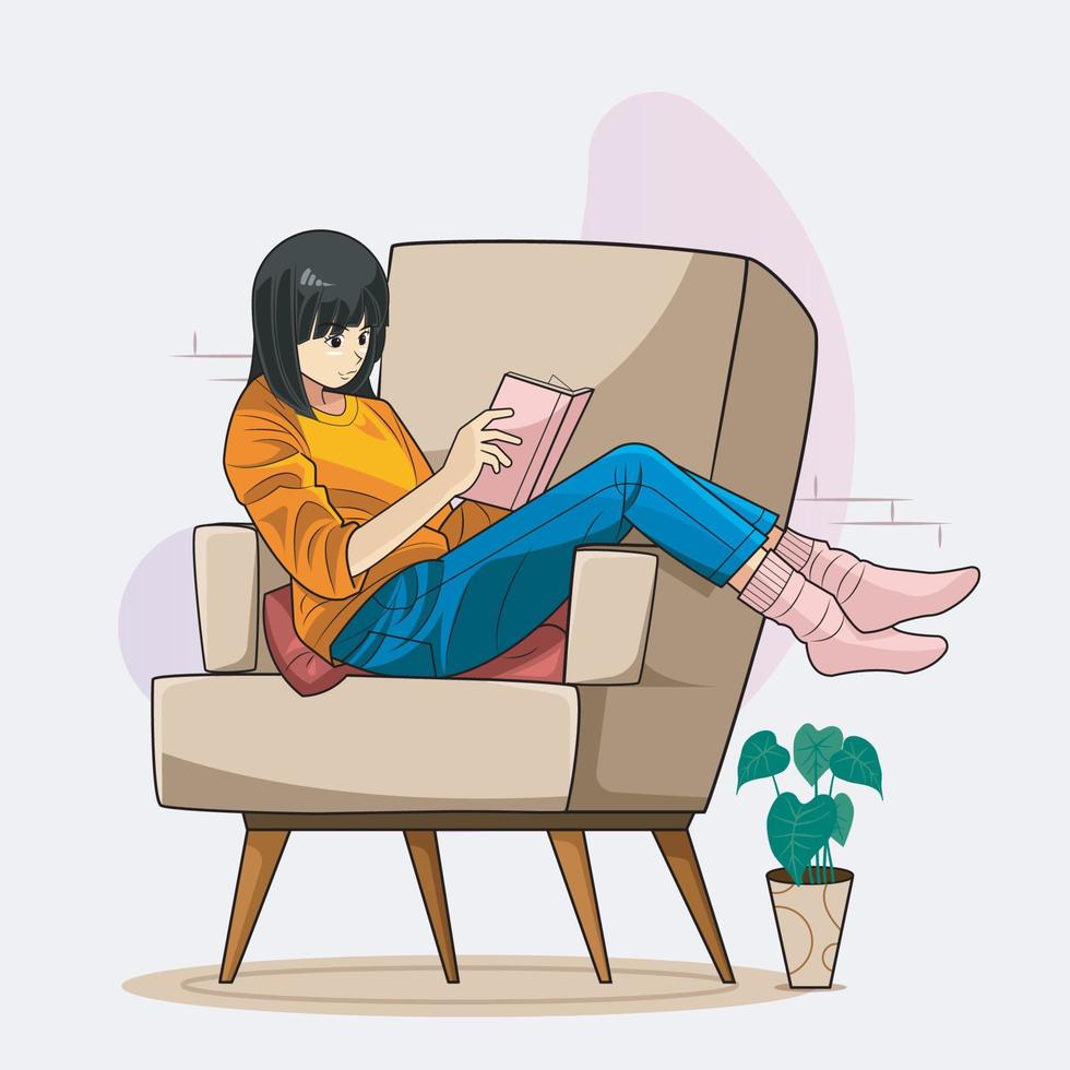 Hygge lifestyle illustration. Reading a book while listening to music vector illustration free download