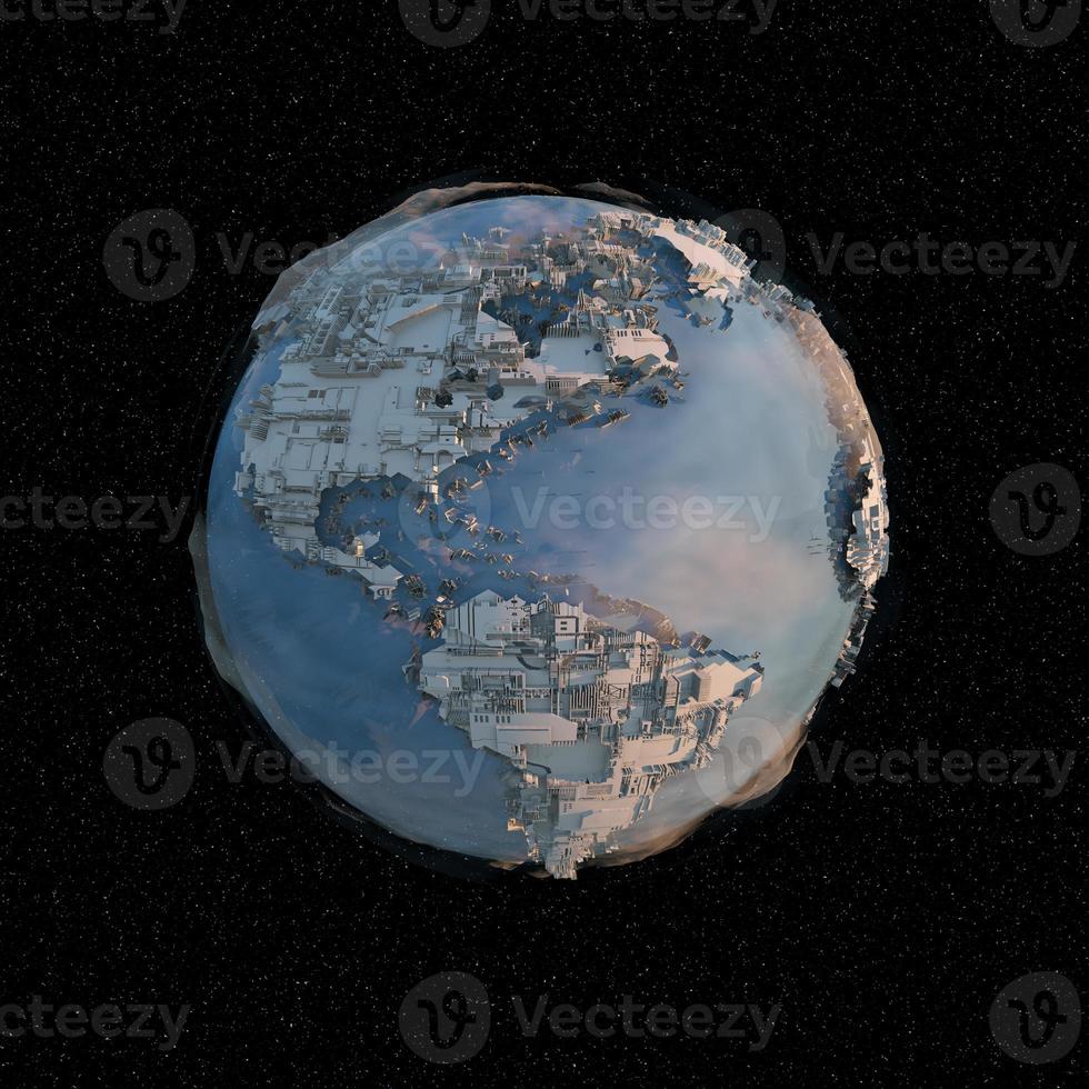 Megalopolis aerial view 3d render image in space on background of the dark starry sky. photo