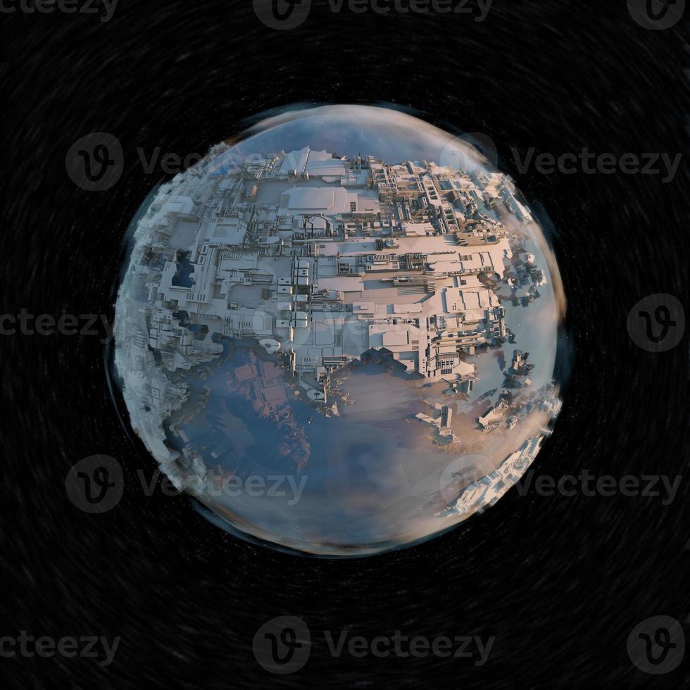 Megalopolis aerial view 3d render image in space on dark background. photo