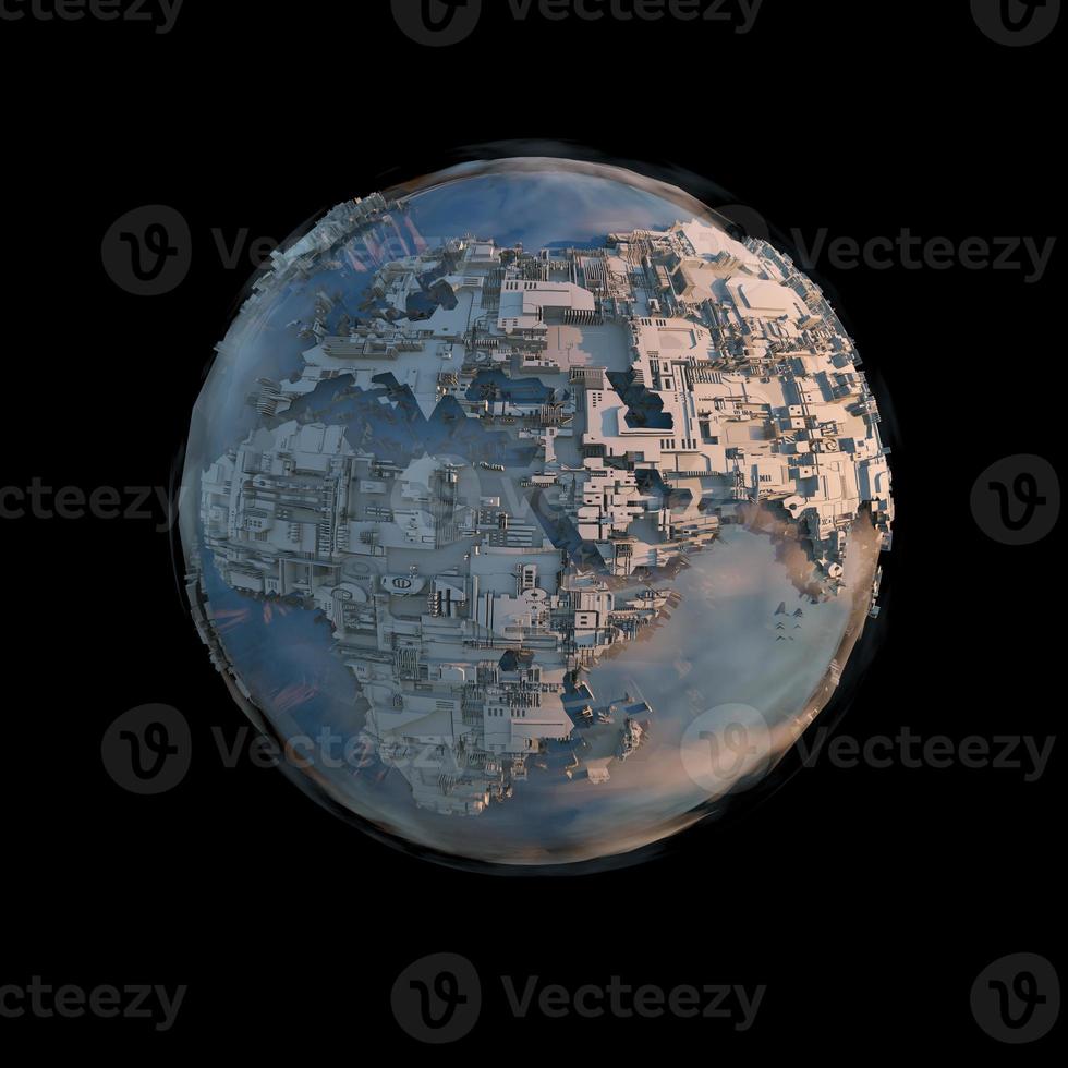 Megalopolis aerial view 3d render image in space on dark background. photo