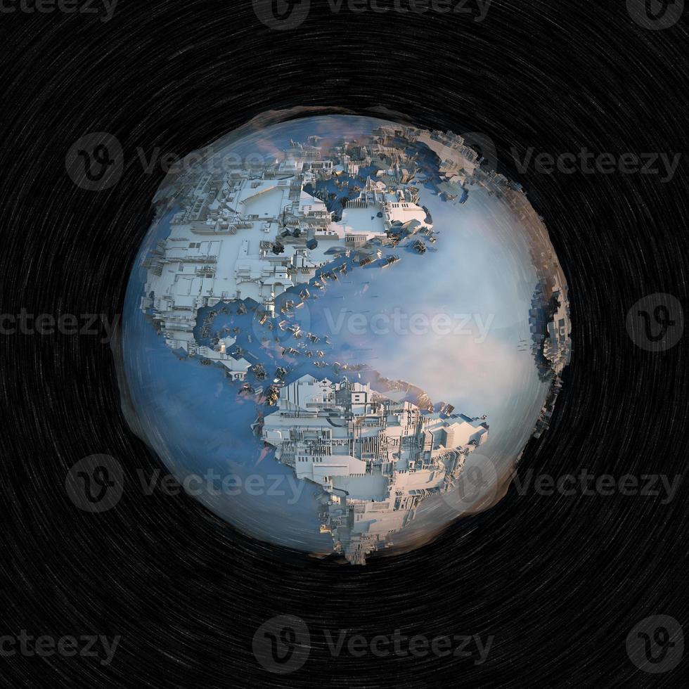 Megalopolis aerial view 3d render image in space on background of the dark starry sky. The sense of movement in the sky. photo