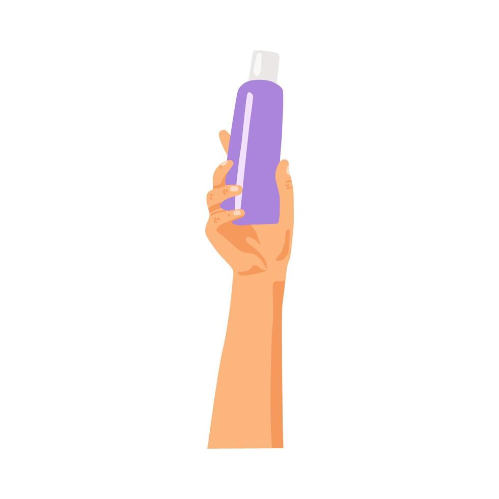 ilustración de manos de mujer con diferentes productos cosméticos en botellas vector