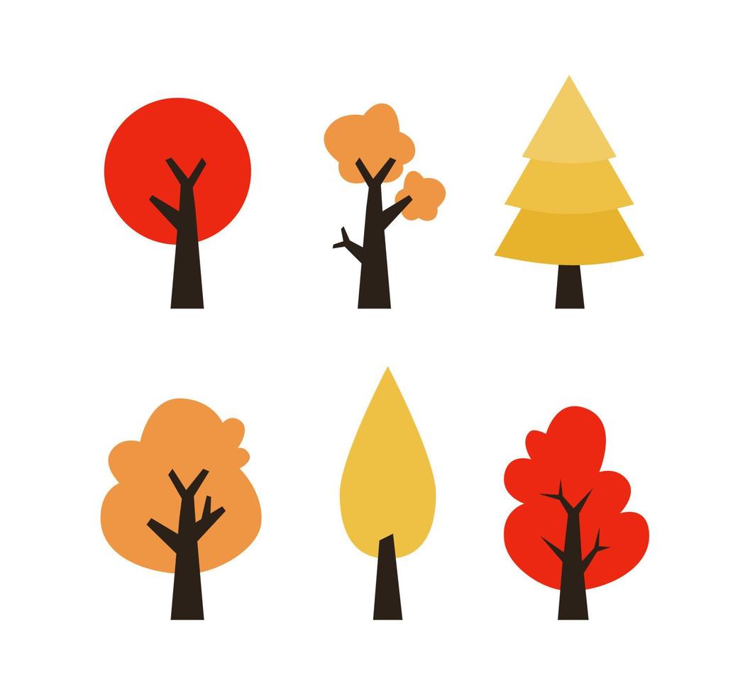set of tree in autumn season, yellow, orange, red, maple tree, pine tree, for autumn or fall decoration and design elements, cute style illustration vector