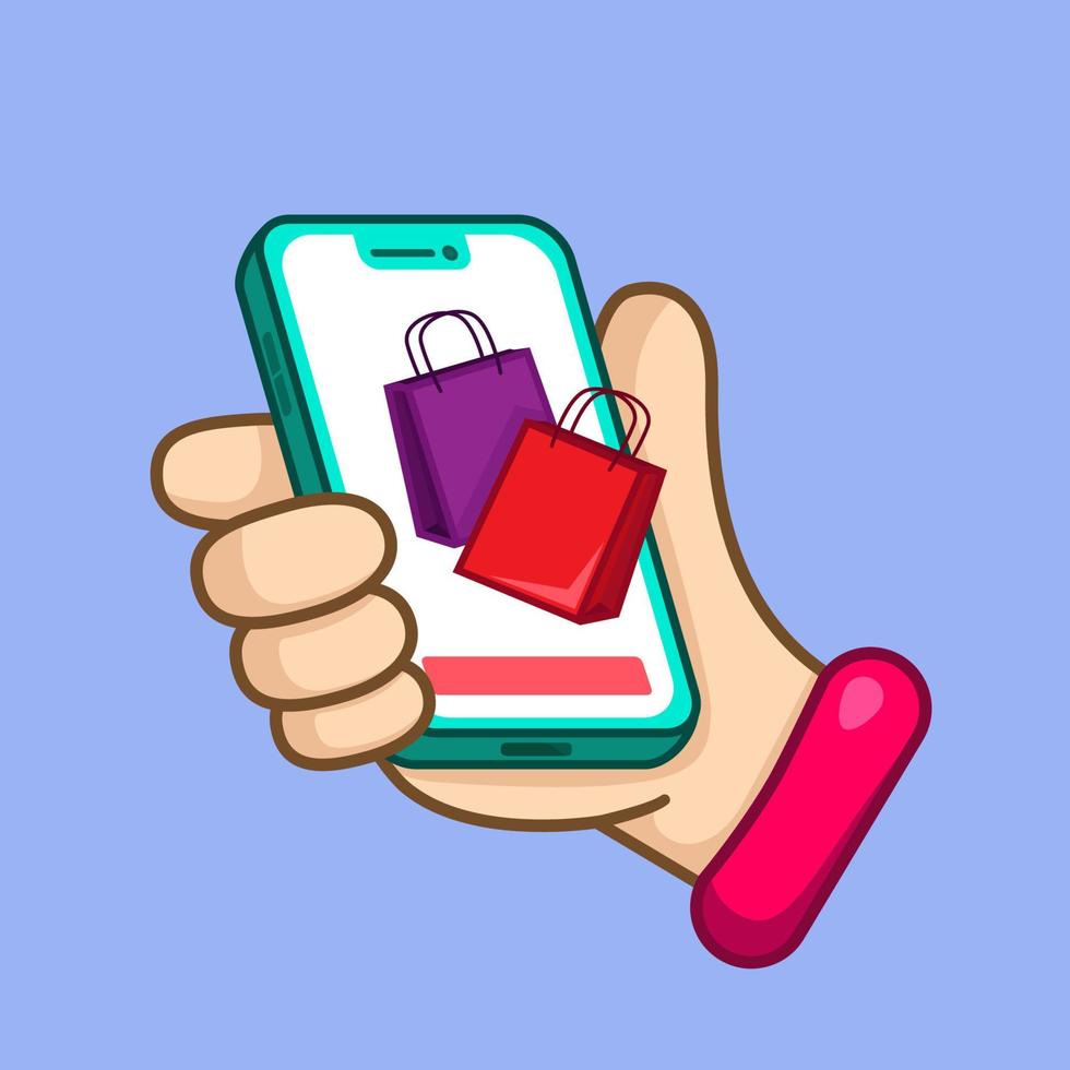 Hand holding smartphone with shopping bag on screen and buttons to check product purchase online vector