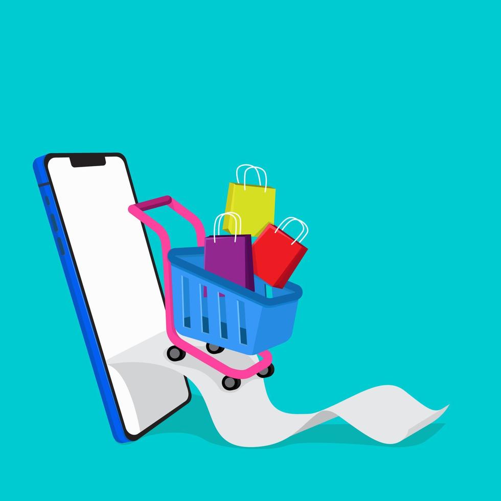 Trolley containing shopping bags coming out of smartphone with bill paper. Online shop metaphor. vector