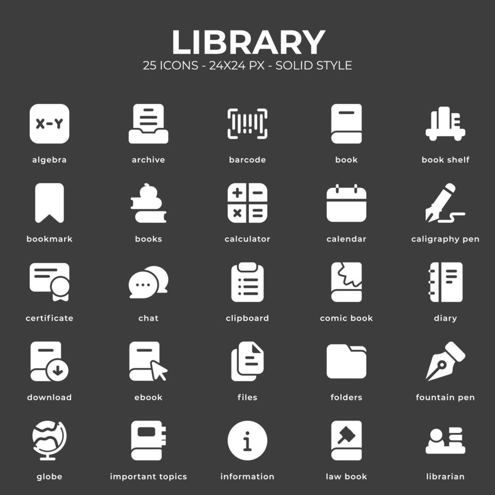 paquete de iconos de biblioteca con estilo de color negro vector