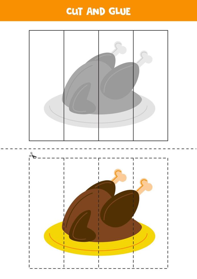 Cut and glue game for kids. Baked turkey. vector