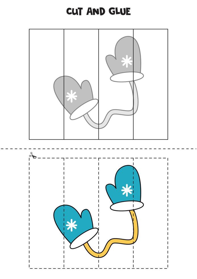 Cut and glue game for kids. Winter mittens. vector