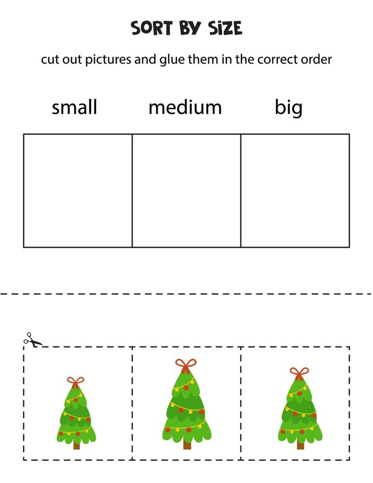 Sort Christmas tree by size. Educational worksheet for kids. vector