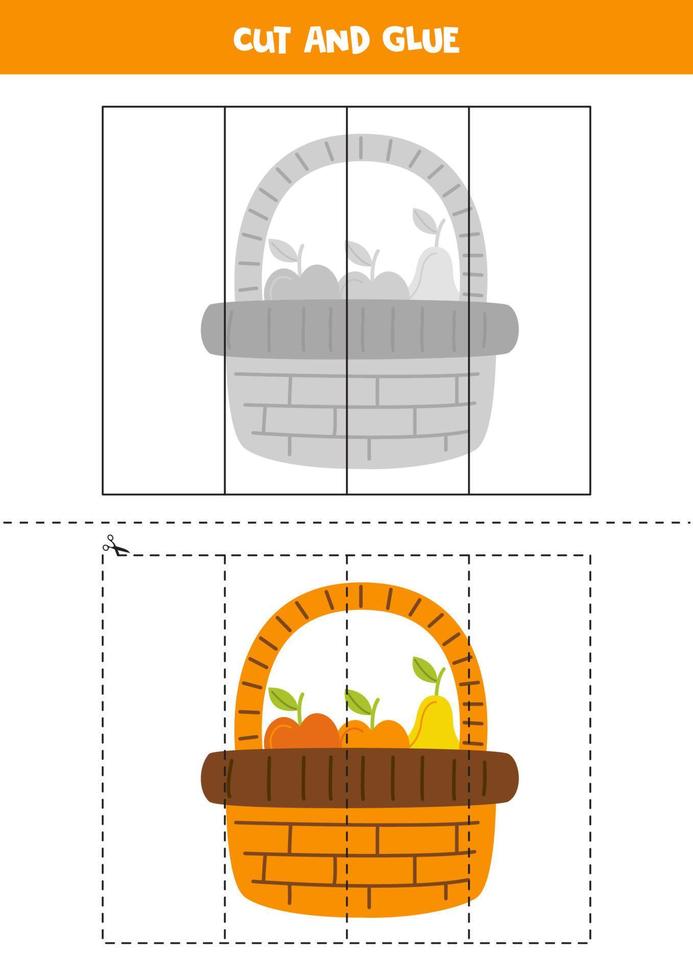 Cut and glue game for kids. Basket full of fruits. vector