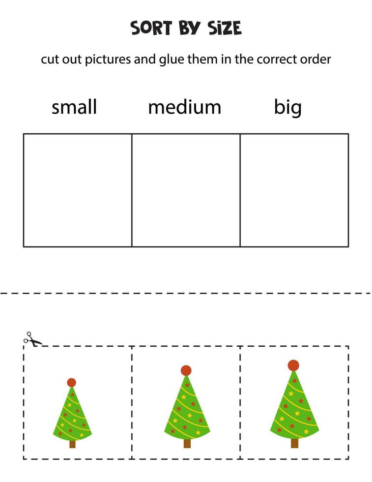 Ordenar el árbol de Navidad por tamaño. hoja de trabajo educativa para niños. vector