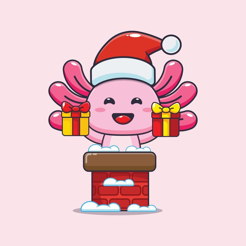 lindo axolotl con sombrero de santa en la chimenea. linda ilustración de dibujos animados de navidad. vector