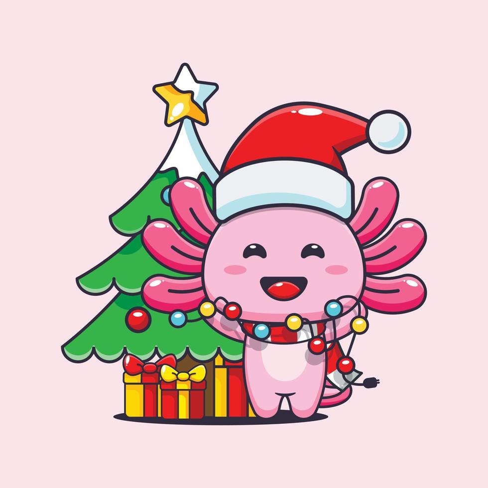 Cute axolotl with christmast lamp. Cute christmas cartoon illustration. vector