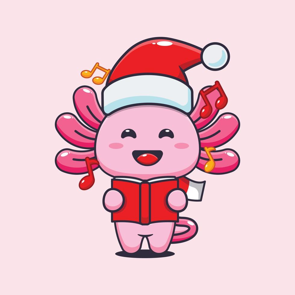 Cute axolotl sing a christmas song. Cute christmas cartoon illustration. vector