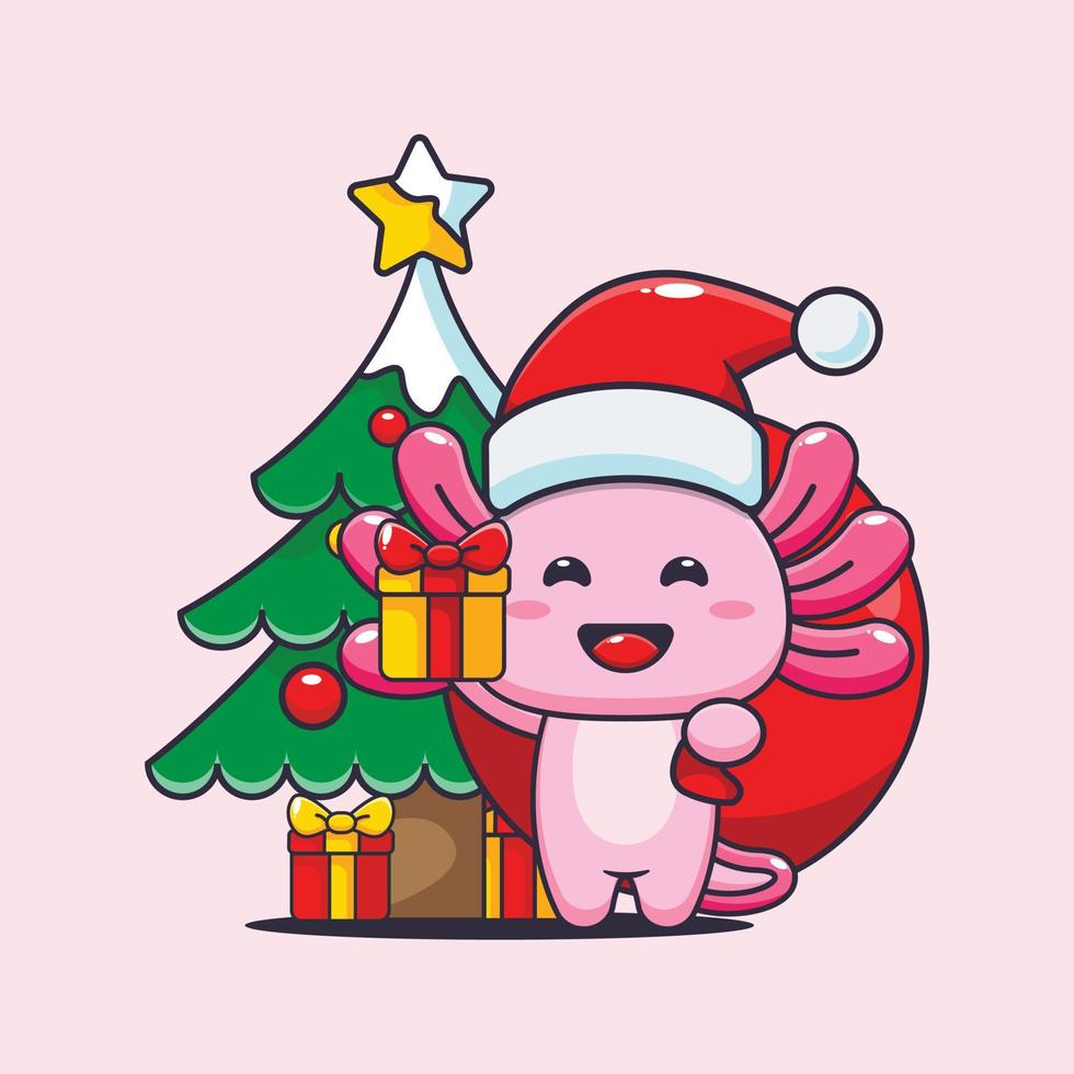 lindo santa axolotl llevando regalo de navidad. linda ilustración de dibujos animados de navidad. vector