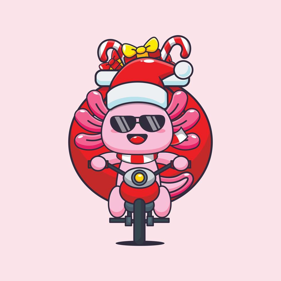 Cute axolotl carrying christmas gift with motorcycle. Cute christmas cartoon illustration. vector