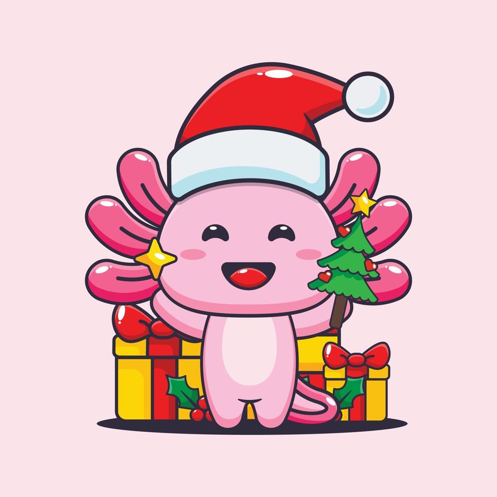 lindo axolotl sosteniendo estrella y árbol de navidad. linda ilustración de dibujos animados de navidad. vector