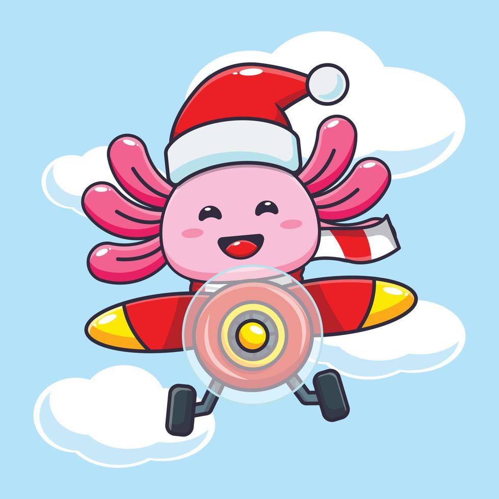 lindo ajolote con sombrero de santa volar con avión. linda ilustración de dibujos animados de navidad. vector