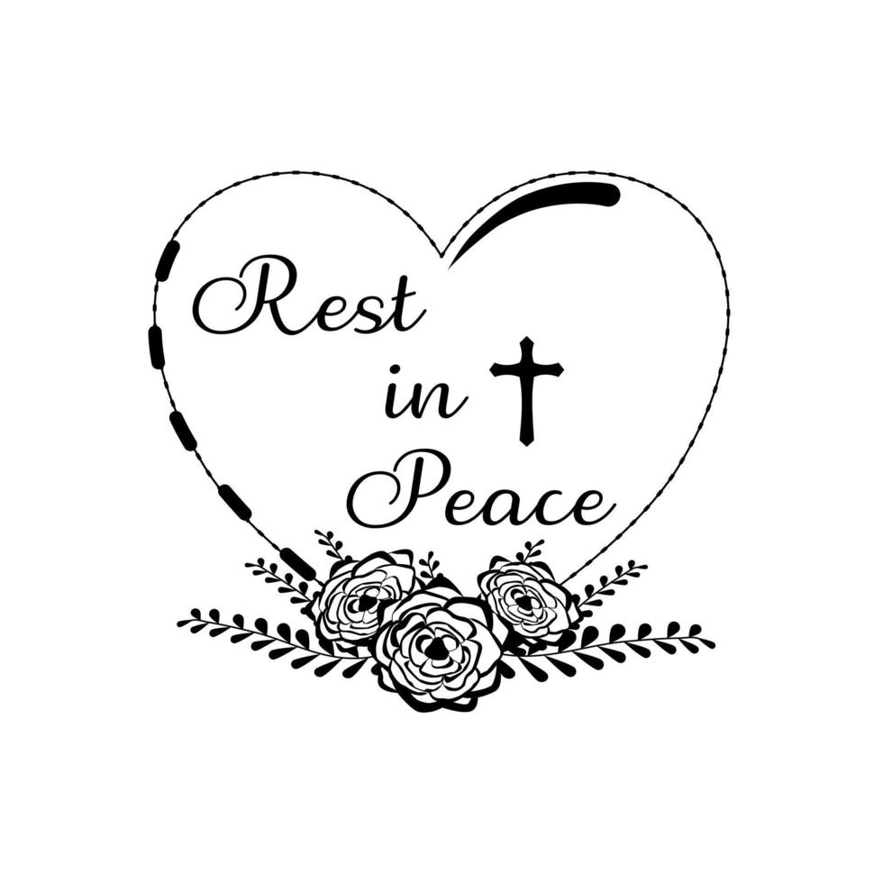 Vector - Wording Rest in Peace with cross, rose bouquet on heart shape. RIP, wreath. Christian. Monochrome image.