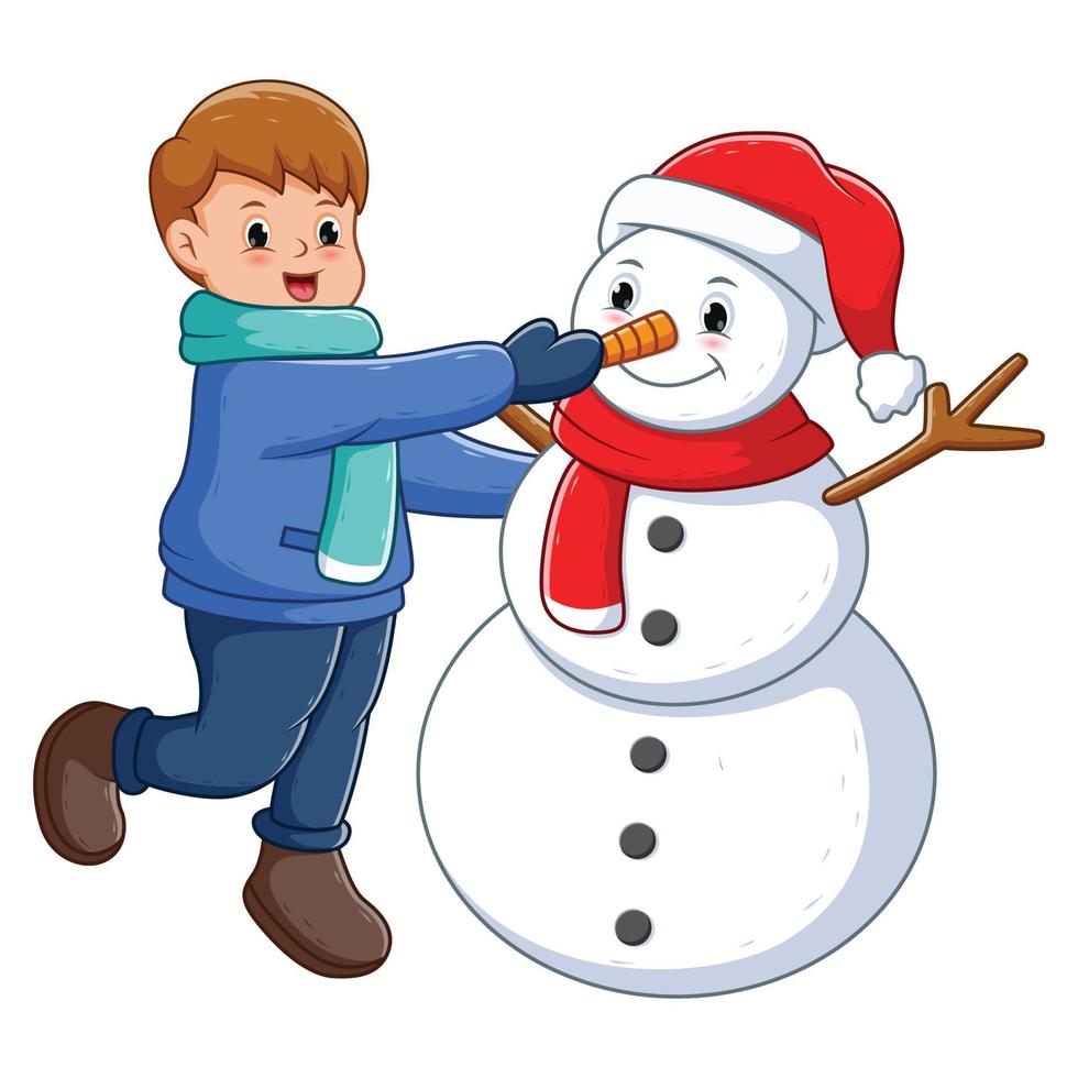 Cute Kid With Snowman in Winter. Vector Cartoon Illustration