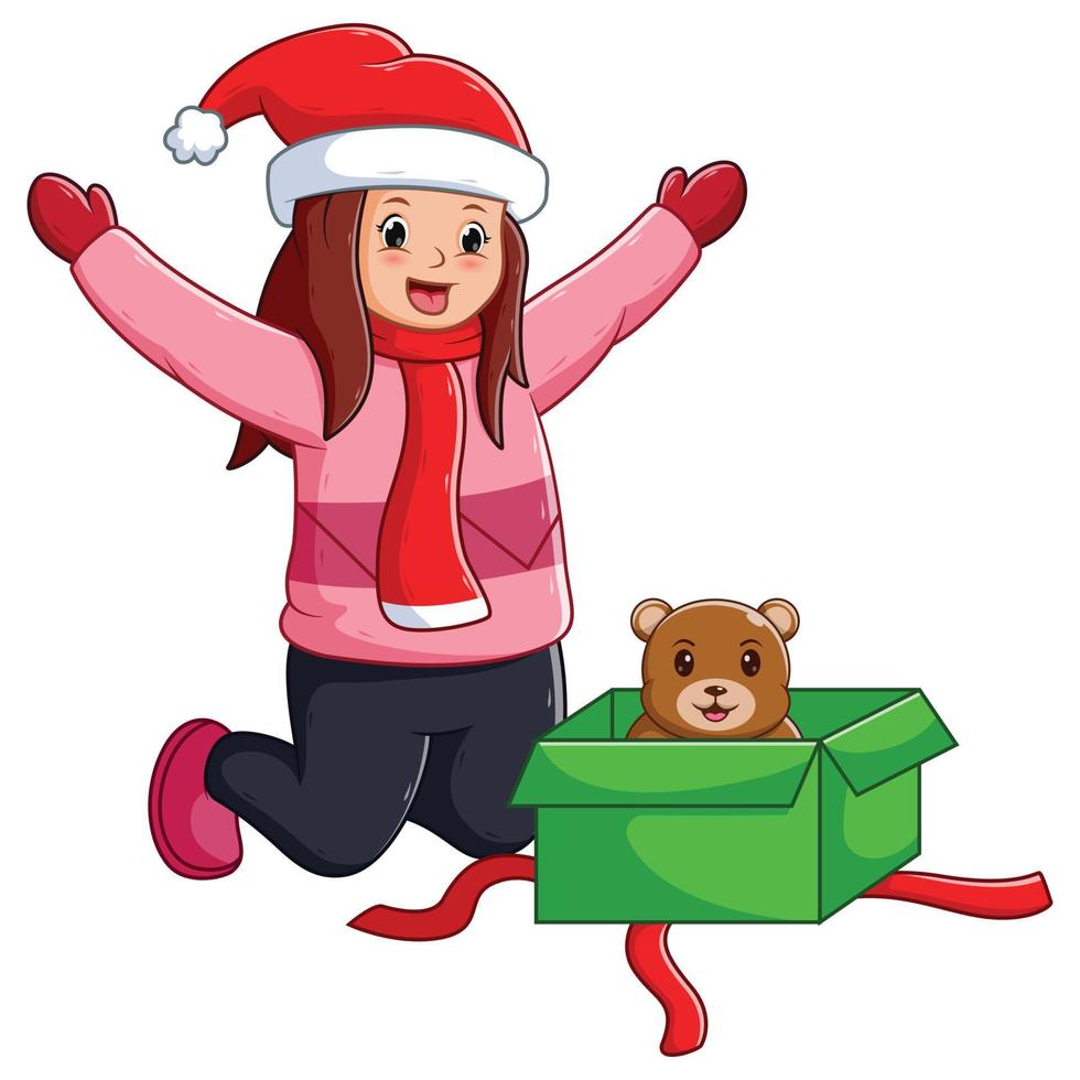 Little Girl Opening Gift Christmas Box. Vector Cartoon Illustration