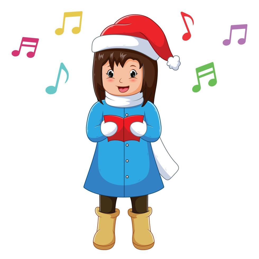 Young Girl Singing Christmas Carols. Vector Cartoon Illustration