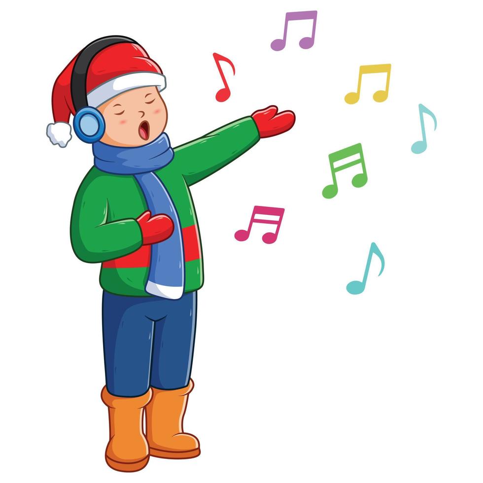 Young Boy Singing Christmas Carols. Vector Cartoon Illustration