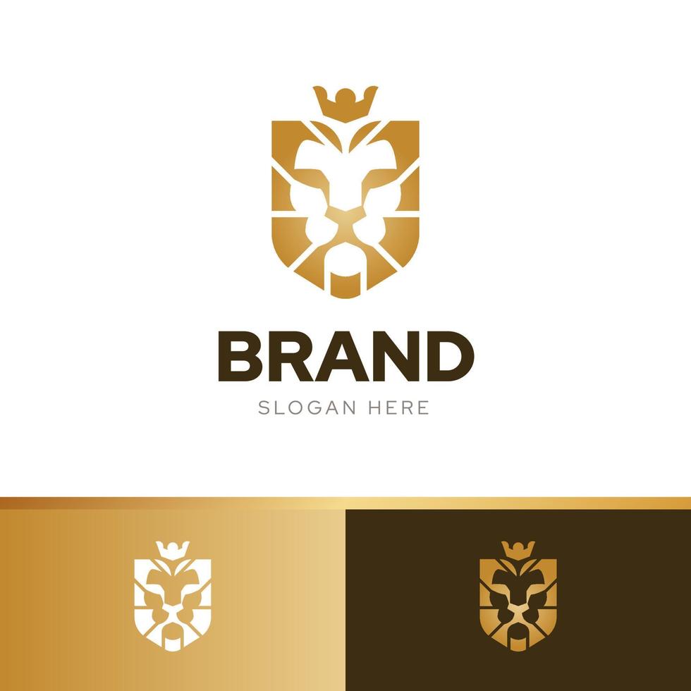 escudo de león corona vector de plantilla de diseño de logotipo creativo con combinación de armonía de tres colores oro elegante, identidad de marca premium de lujo