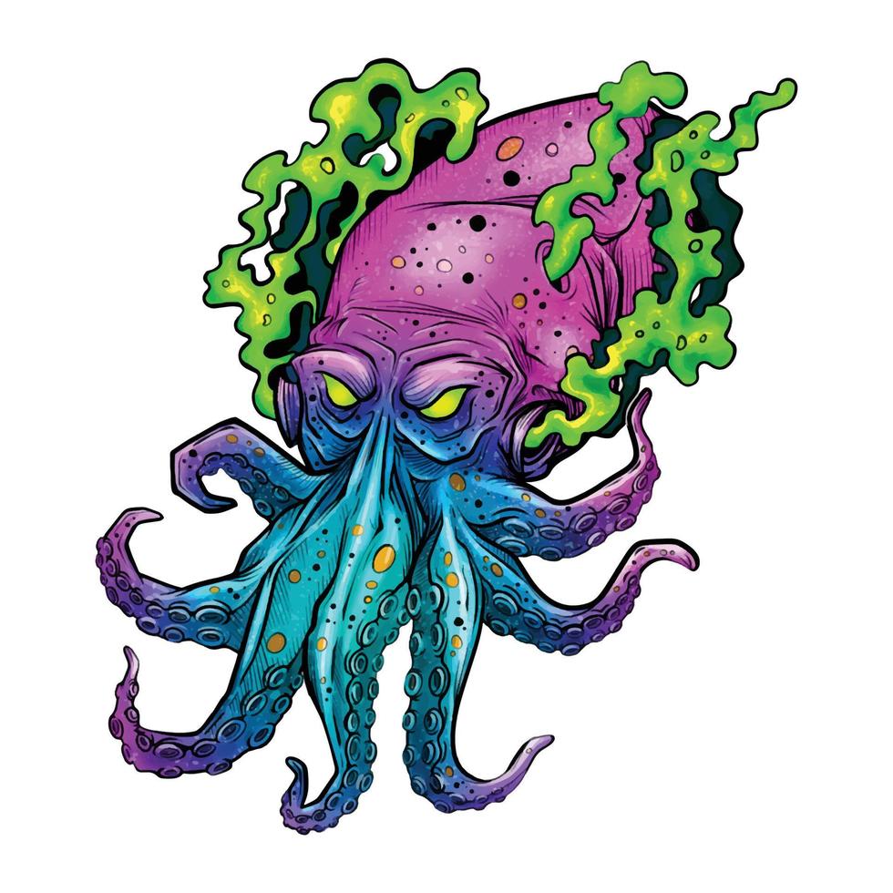 Ferocious-looking squid with beautiful colors and tattoos. vector