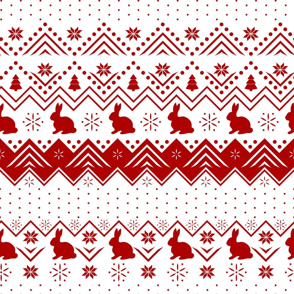 Xmas rabbits with ornament. Red and white Happy New Year background. vector