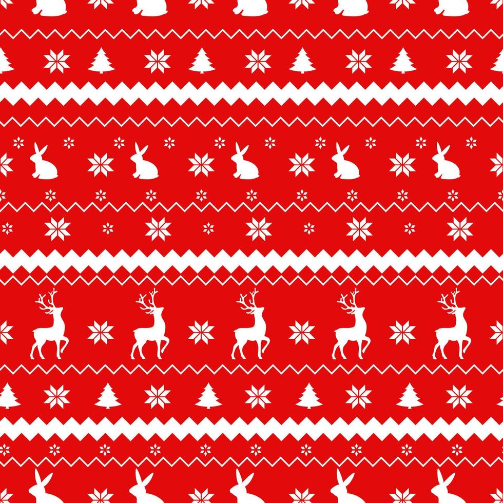 Winter festive Christmas knitted pattern woolen knitted 2023. Rabbits and deers with Norwegian ornaments seamless pattern. vector