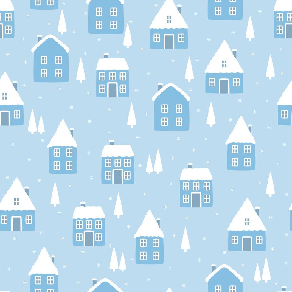 patrón azul dibujado a mano sin costuras. lindas casas azules con árbol de navidad. vector