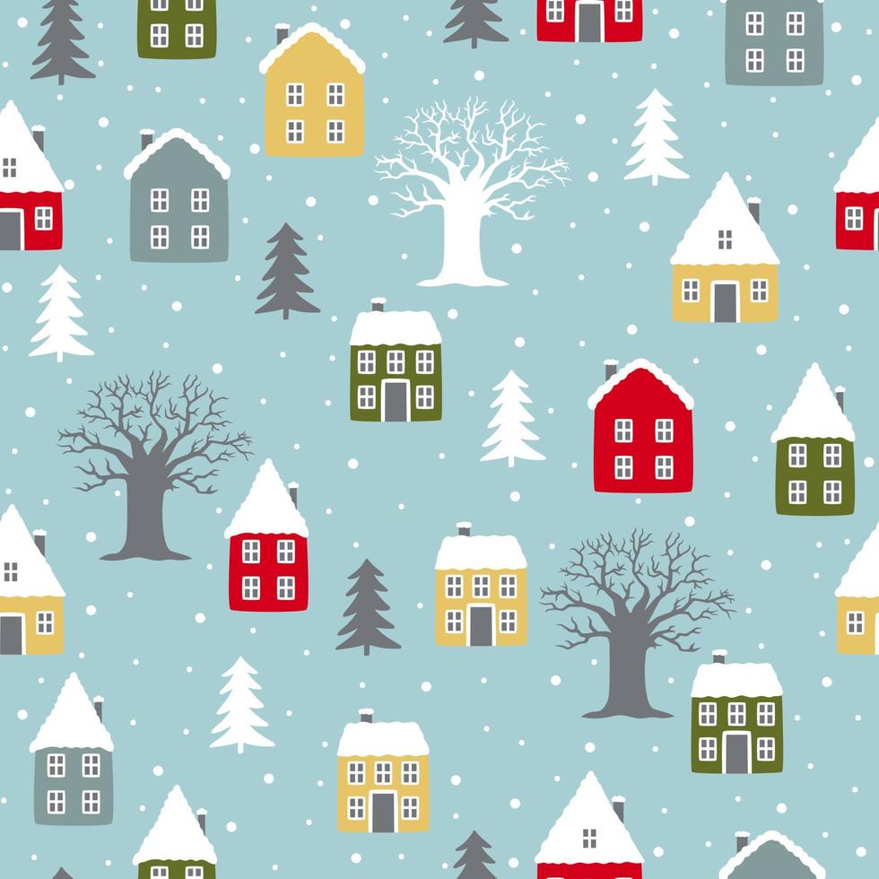 patrón dibujado a mano sin costuras. fondo de paisaje de invierno. lindas casas con árbol de navidad. vector