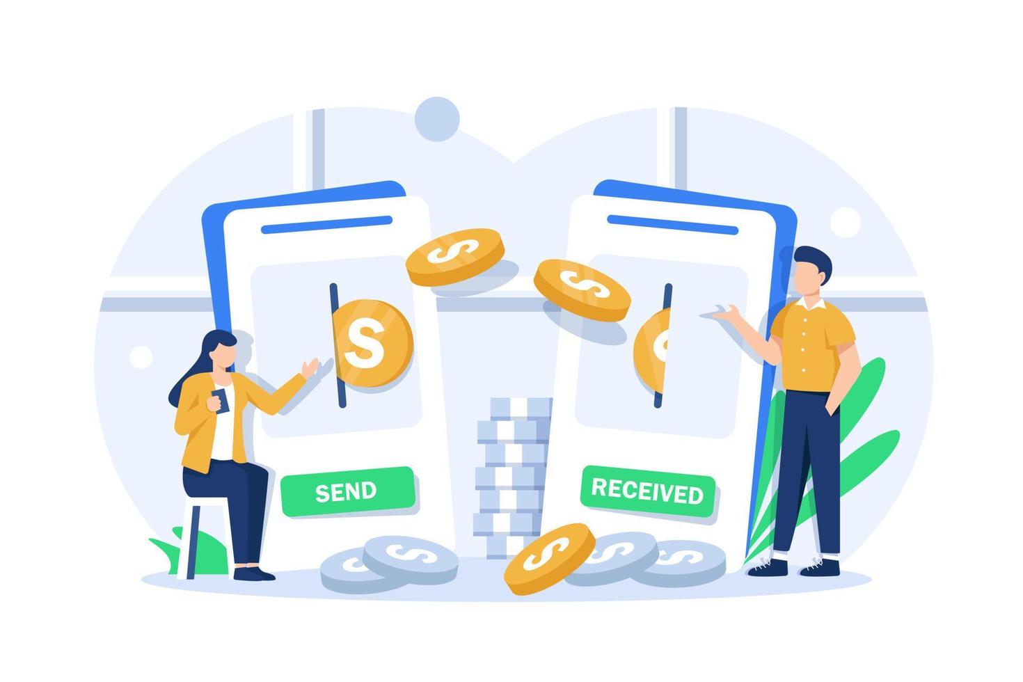 Money transfer and transaction concept,Happy young people sending and receiving cash vector
