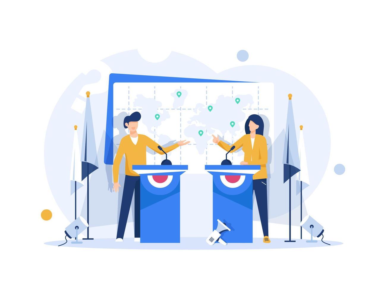 Man and woman candidates are discussing on stage. Debates concept. Candidates speech in front of the crowd people. Flat vector illustration