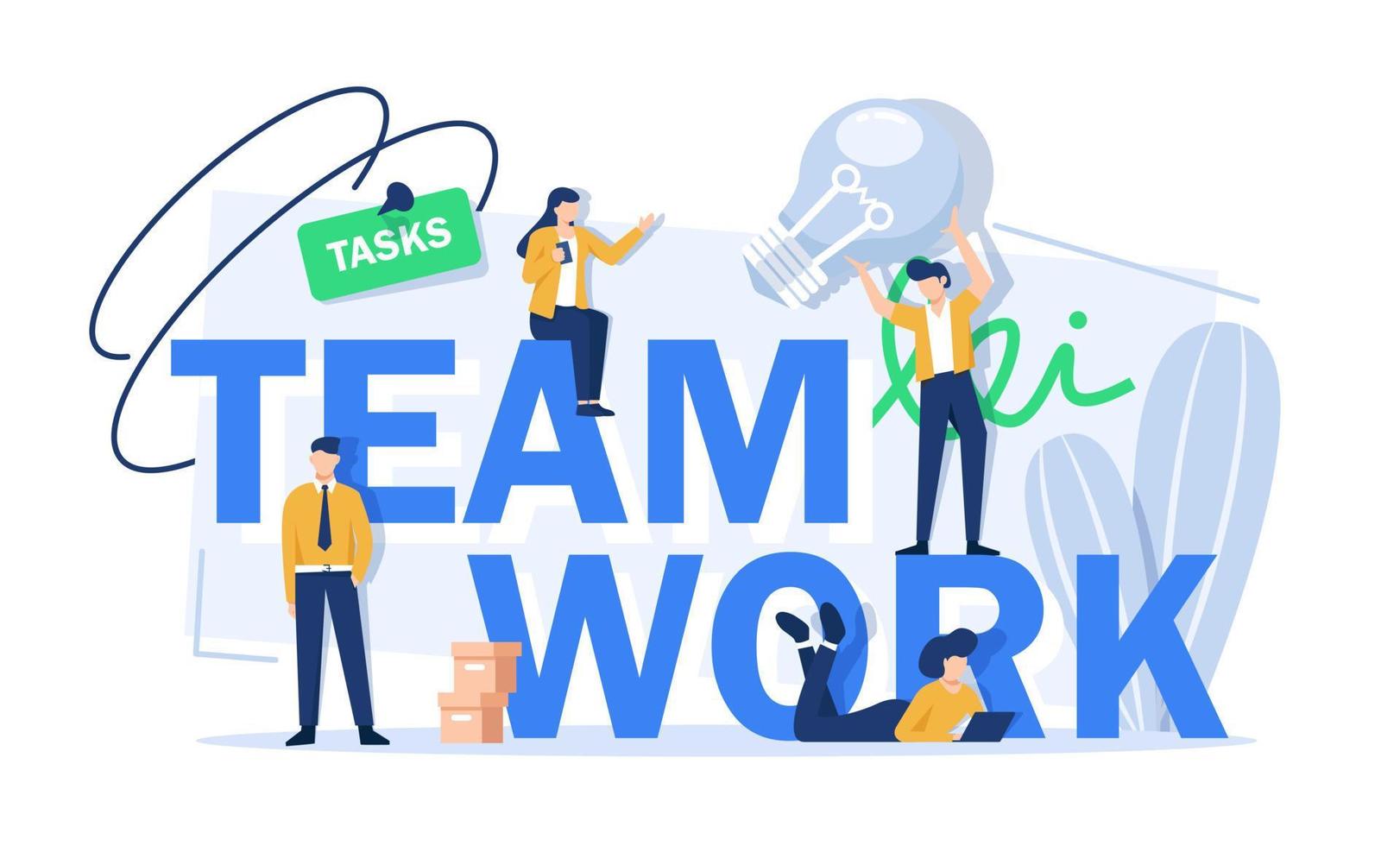 Teamwork concept with coworking and office work symbols flat vector illustration