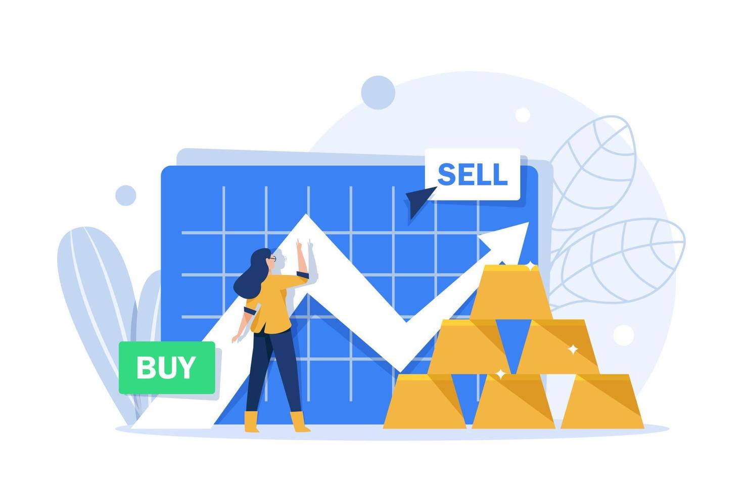 mercado de comercio de oro, lingotes de oro, gráficos crecientes, concepto de aumento de los precios del oro vector