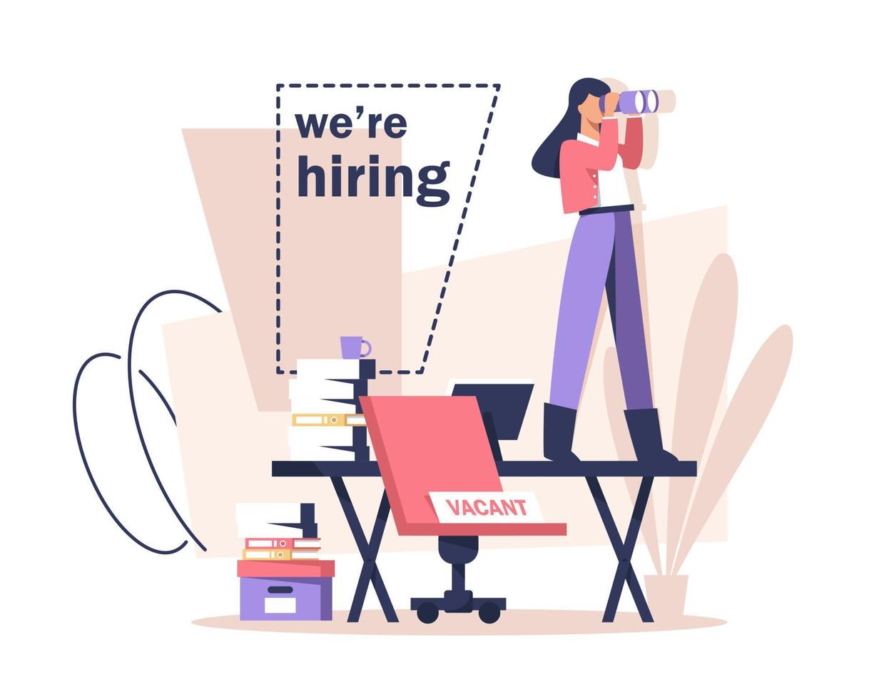 Hiring and recruitment concept,We are hiring banner,Beutiful business woman is standing on the office table and looking into the distance in search of employees vector