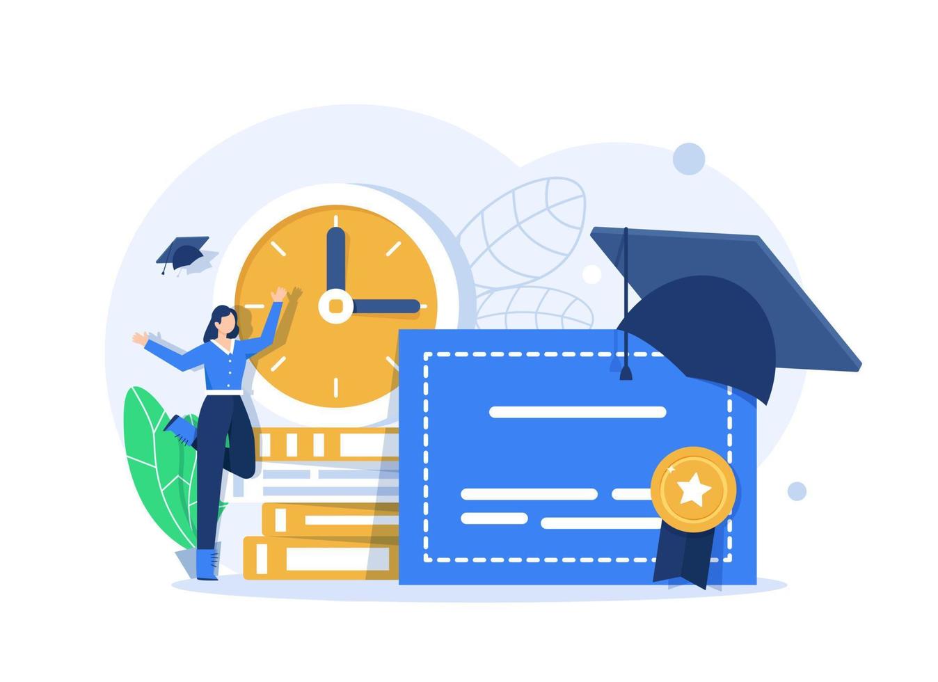 sombrero de graduación, diploma y reloj, concepto de educación, certificado de grado, logro vector