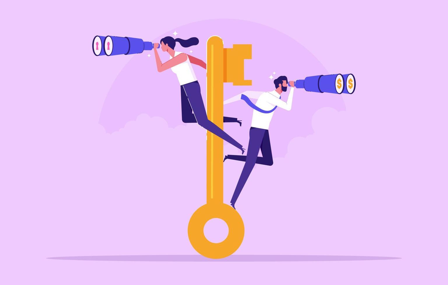 Key to Opportunity, seizing opportunities, achieving success. Leadership vision, motivation and inspiration concept. Businessman standing on giant key and holding binoculars vector