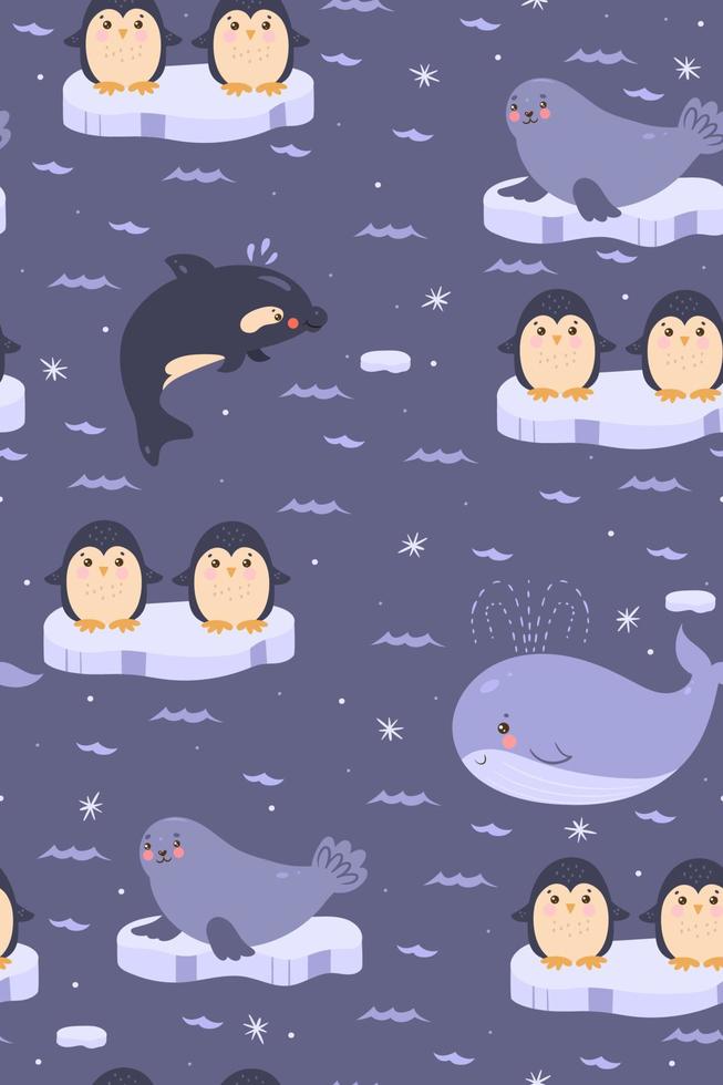 Seamless pattern with cute antarctic animals. Vector graphics.