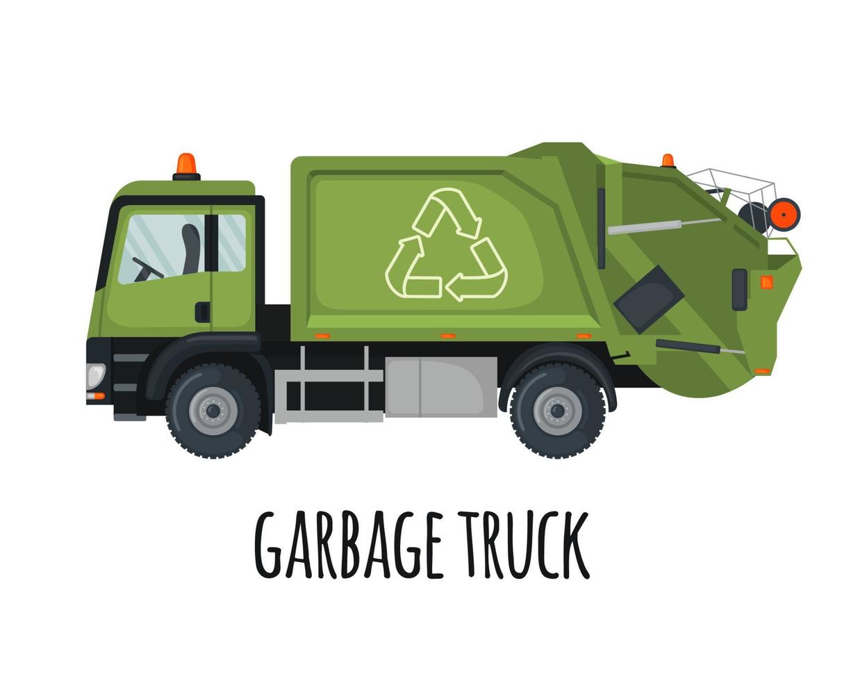 Garbage truck icon in flat style isolated on white background. Vehicle for eco waste collection. Reuse, reduce, recycle concept. Vector illustration.