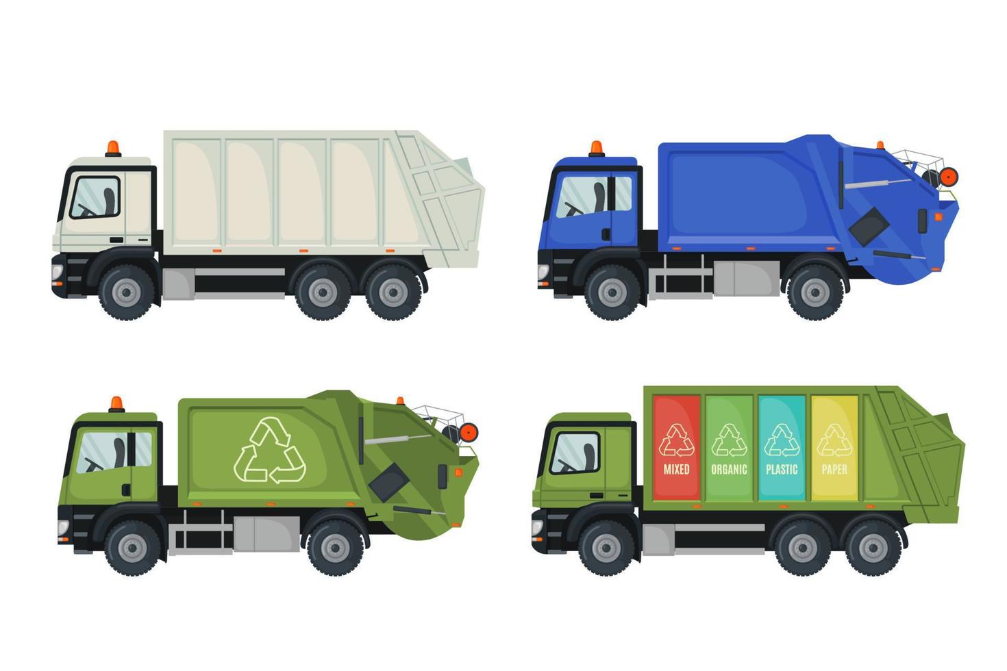 Set of garbage truck icons in flat style isolated on white background. Vehicle for eco waste collection. Reuse, reduce, recycle concept. Vector illustration.