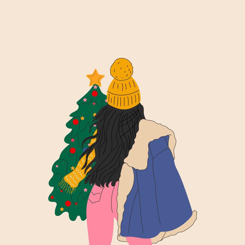 A girl in a hat and a warm jacket stands in front of a Christmas tree vector