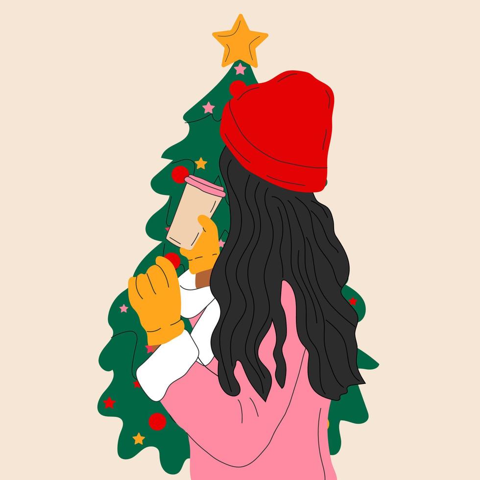 A girl in a hat stands in front of a Christmas tree with a cup of coffee vector