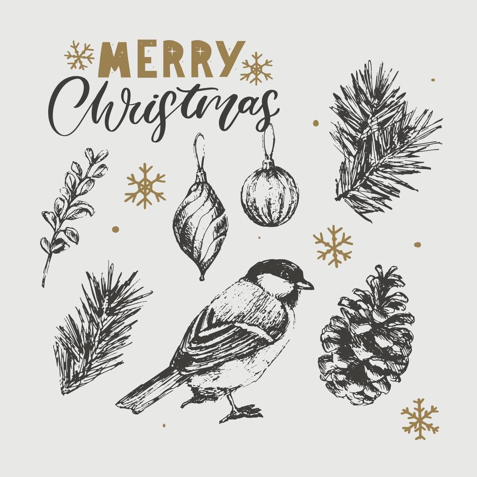 Merry Christmas. Happy New Year, 2023. Typography set. Vector logo, emblems, text design. Usable for banners, greeting cards, gifts etc.