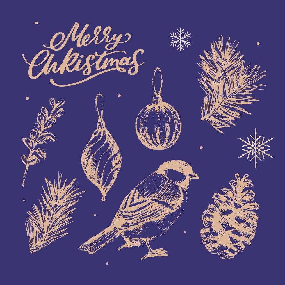 Merry Christmas. Happy New Year, 2023. Typography set. Vector logo, emblems, text design. Usable for banners, greeting cards, gifts etc.