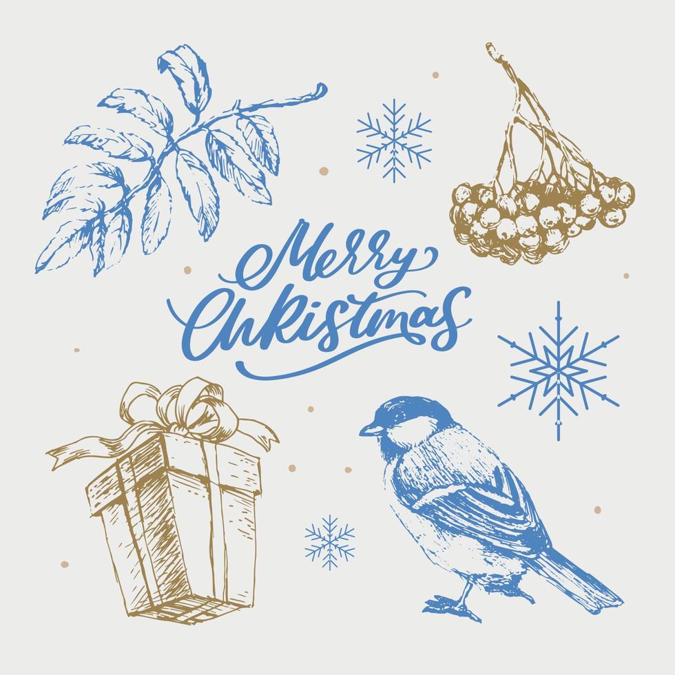 Merry Christmas. Happy New Year, 2023. Typography set. Vector logo, emblems, text design. Usable for banners, greeting cards, gifts etc.