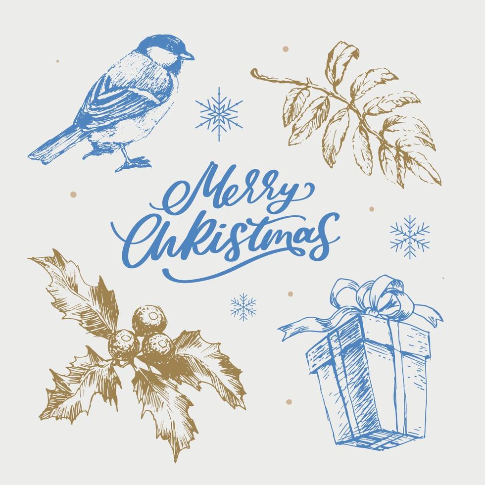Merry Christmas. Happy New Year, 2023. Typography set. Vector logo, emblems, text design. Usable for banners, greeting cards, gifts etc.